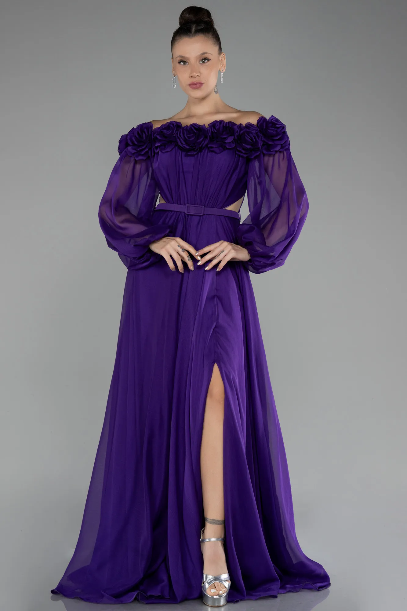 Purple-Floral Boat Neck Long Sleeve Chiffon Prom Gown ABU4130