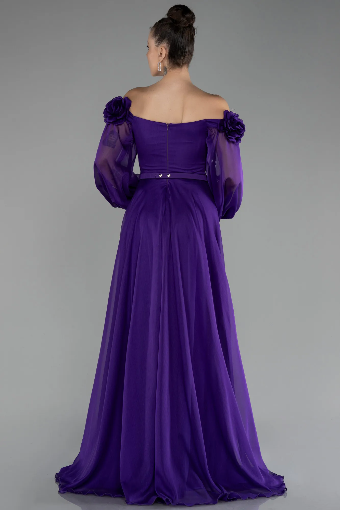 Purple-Floral Boat Neck Long Sleeve Chiffon Prom Gown ABU4130