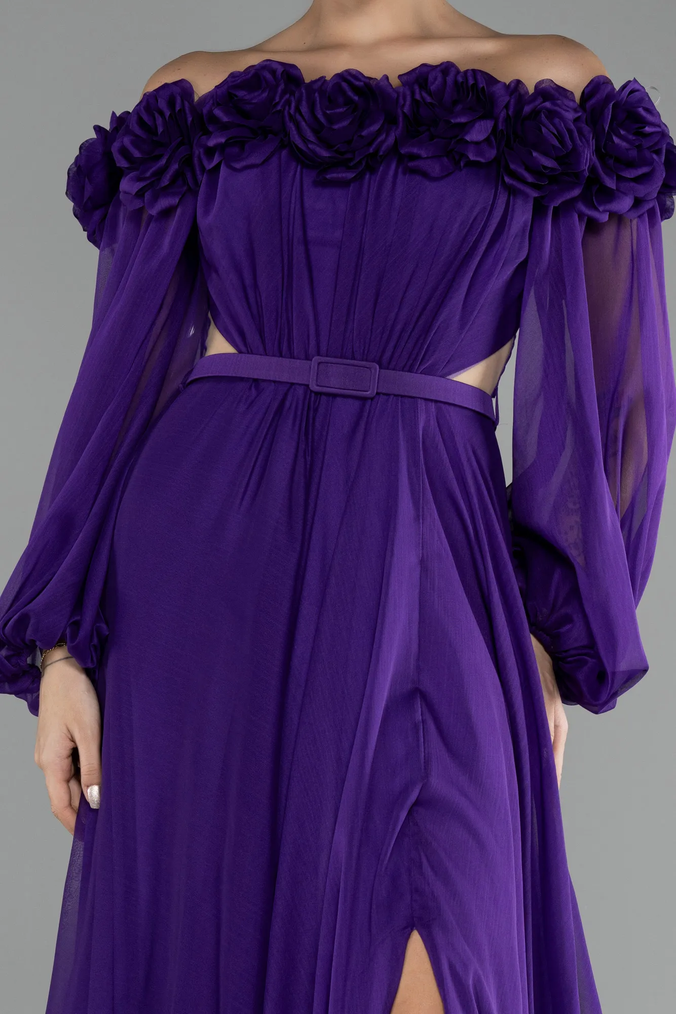 Purple-Floral Boat Neck Long Sleeve Chiffon Prom Gown ABU4130