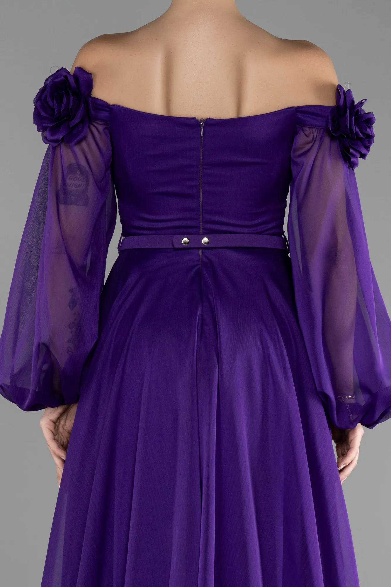 Purple-Floral Boat Neck Long Sleeve Chiffon Prom Gown ABU4130