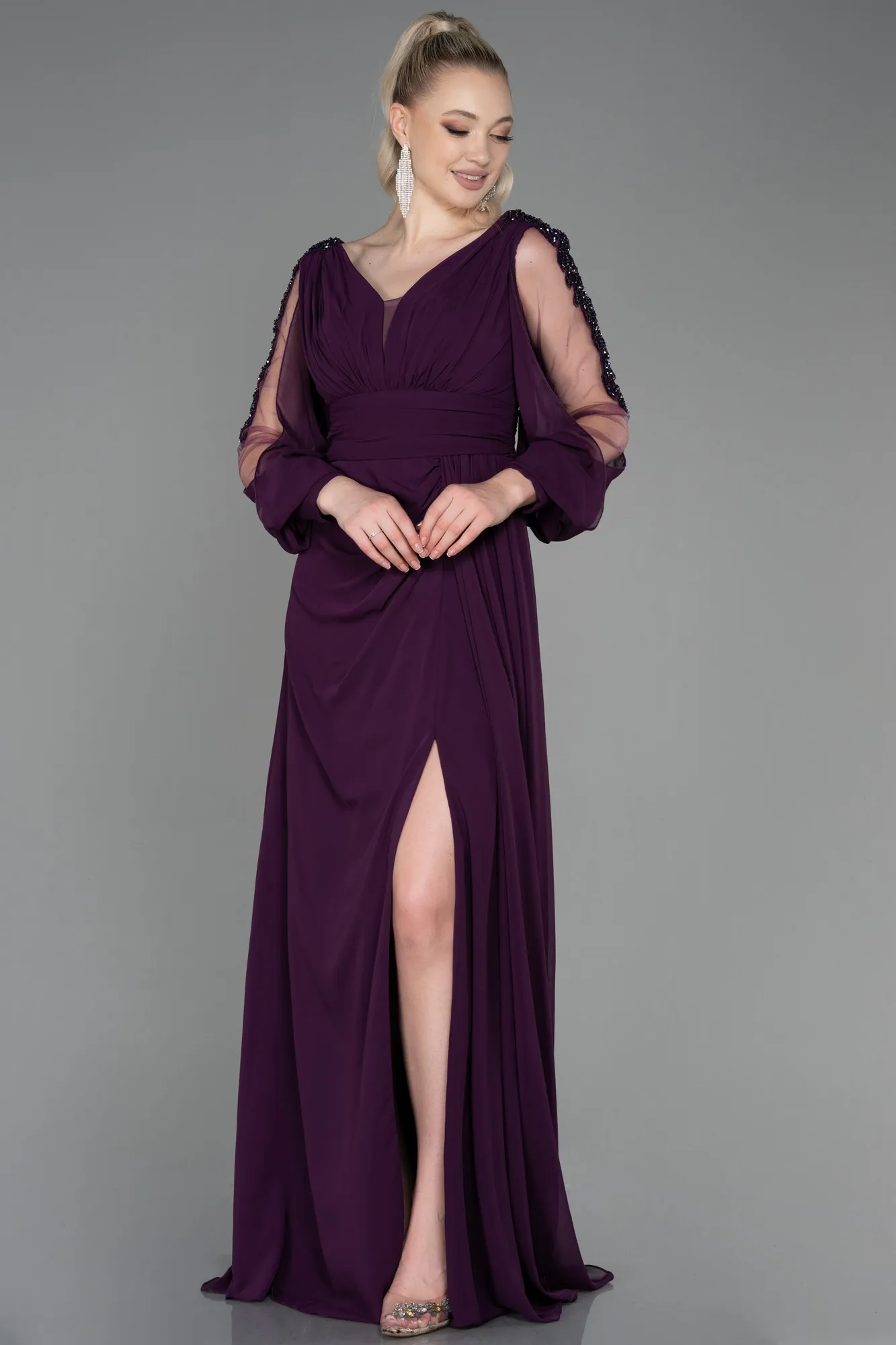 Purple-Long Chiffon Evening Dress ABU3220