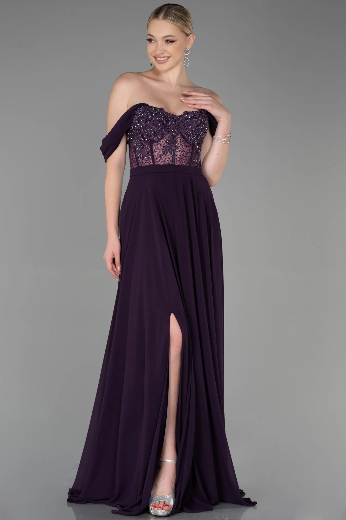 Purple-Long Chiffon Evening Dress ABU3310