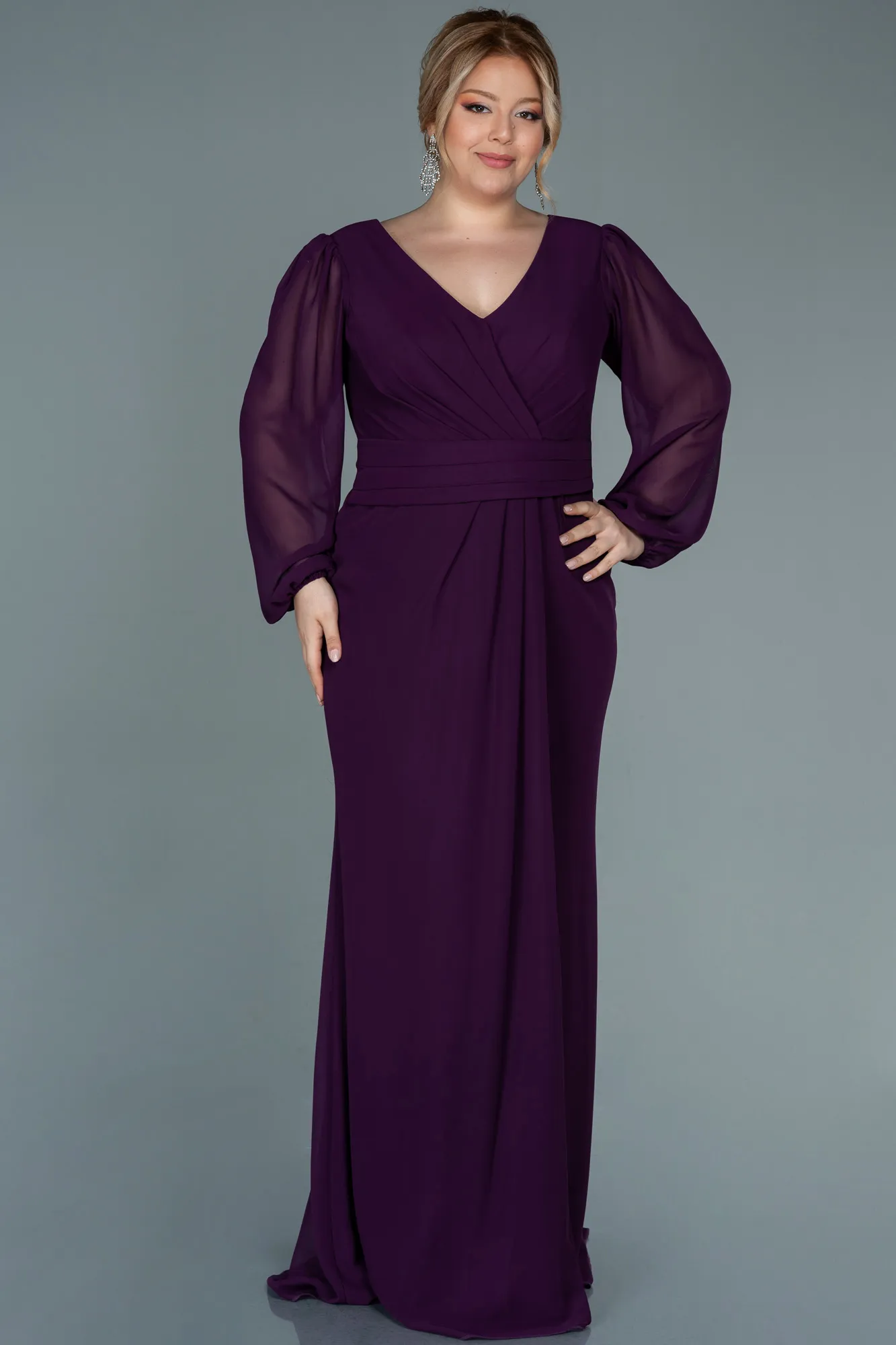 Purple-Long Chiffon Plus Size Evening Dress ABU2763