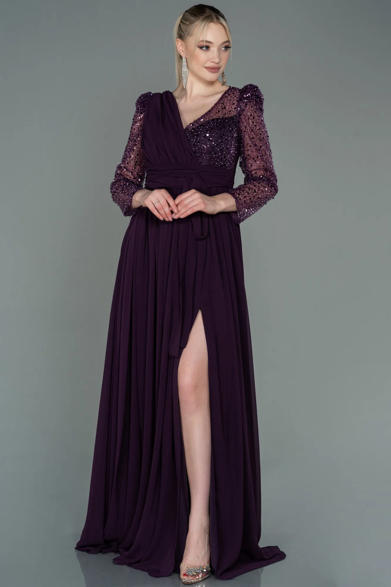Purple-Long Chiffon Plus Size Evening Dress ABU3186