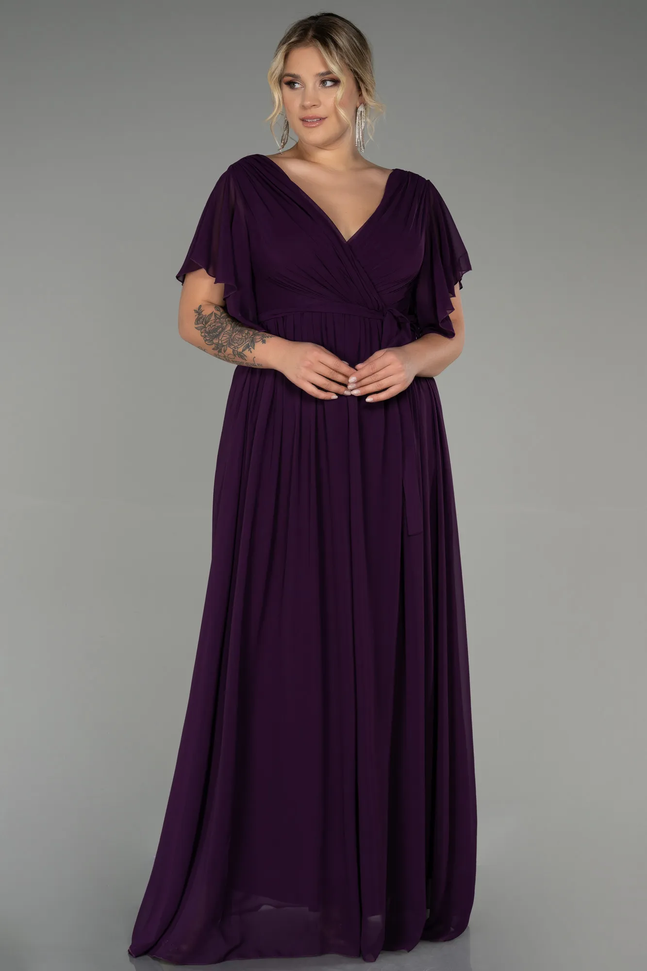 Purple-Long Chiffon Plus Size Evening Dress ABU3276