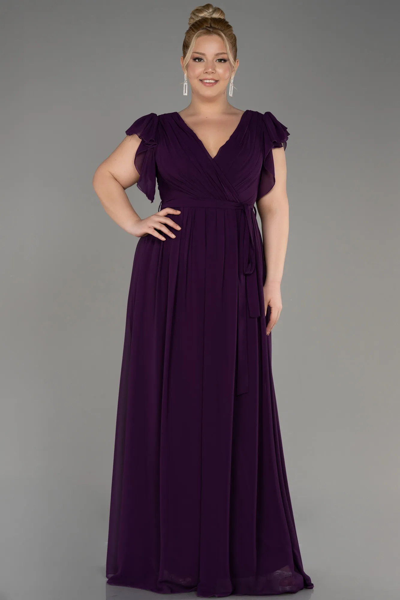 Purple-Long Chiffon Plus Size Evening Dress ABU3276