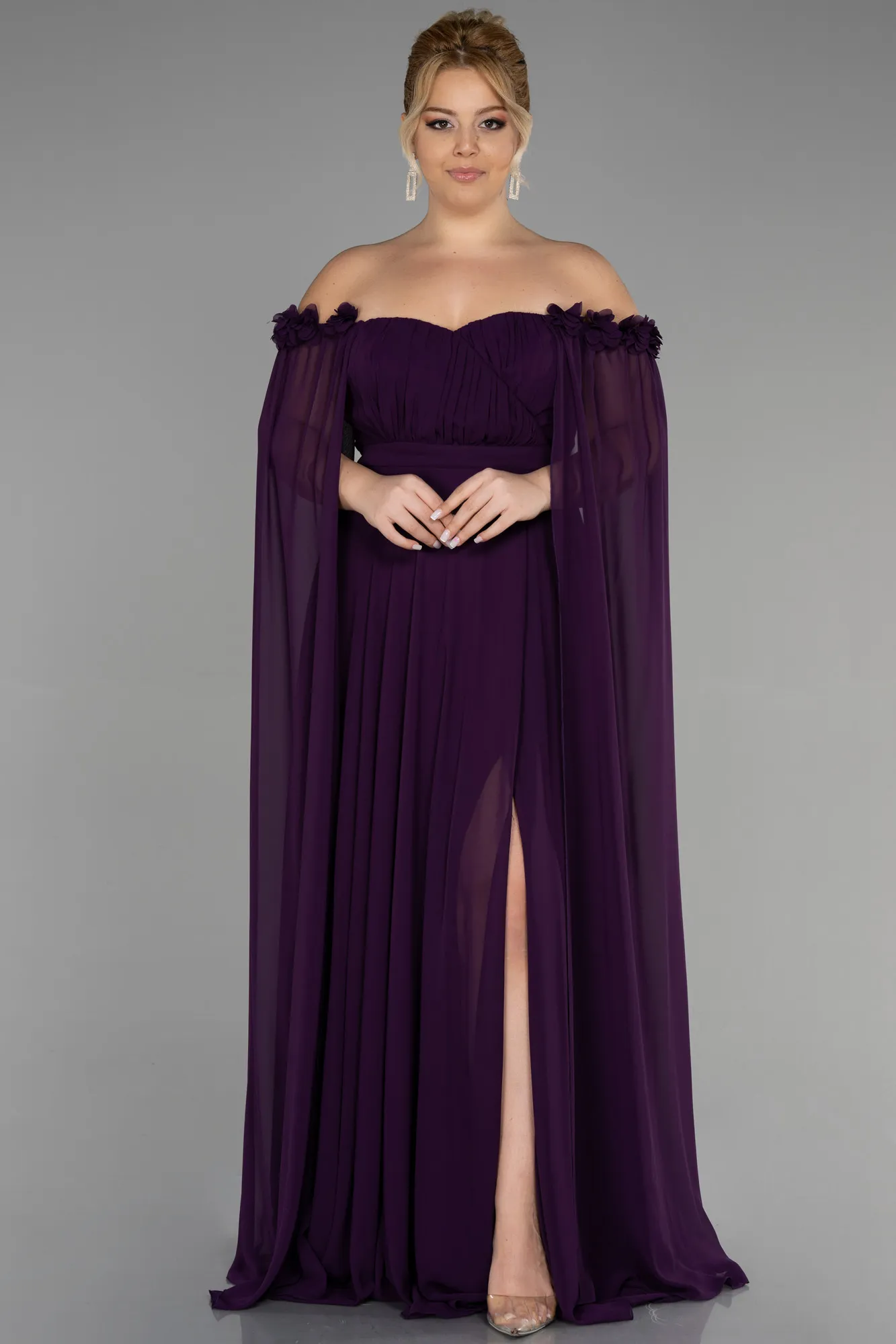 Purple-Long Chiffon Plus Size Evening Dress ABU3464