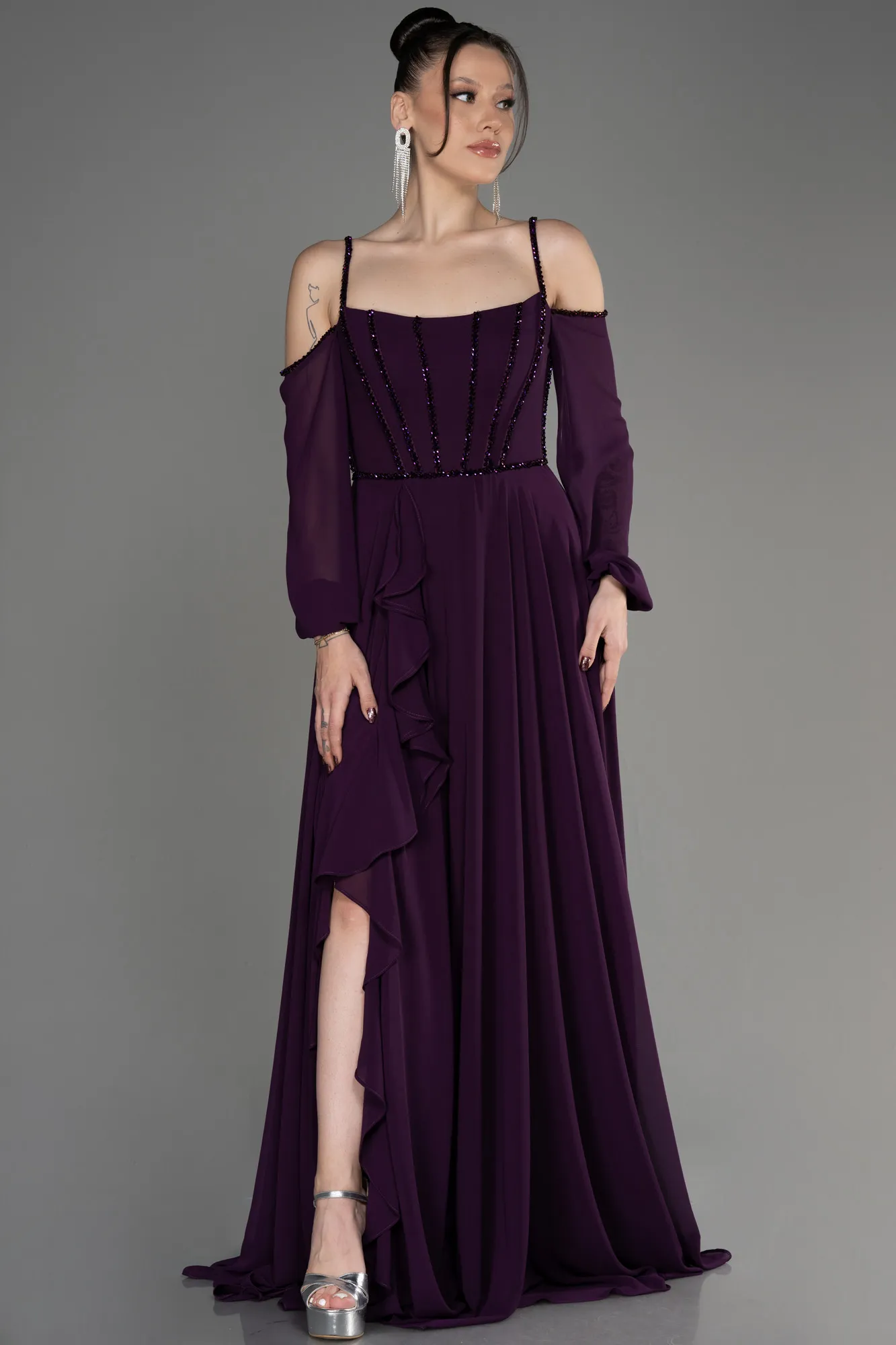 Purple-Long Chiffon Slit Evening Dress ABU3914