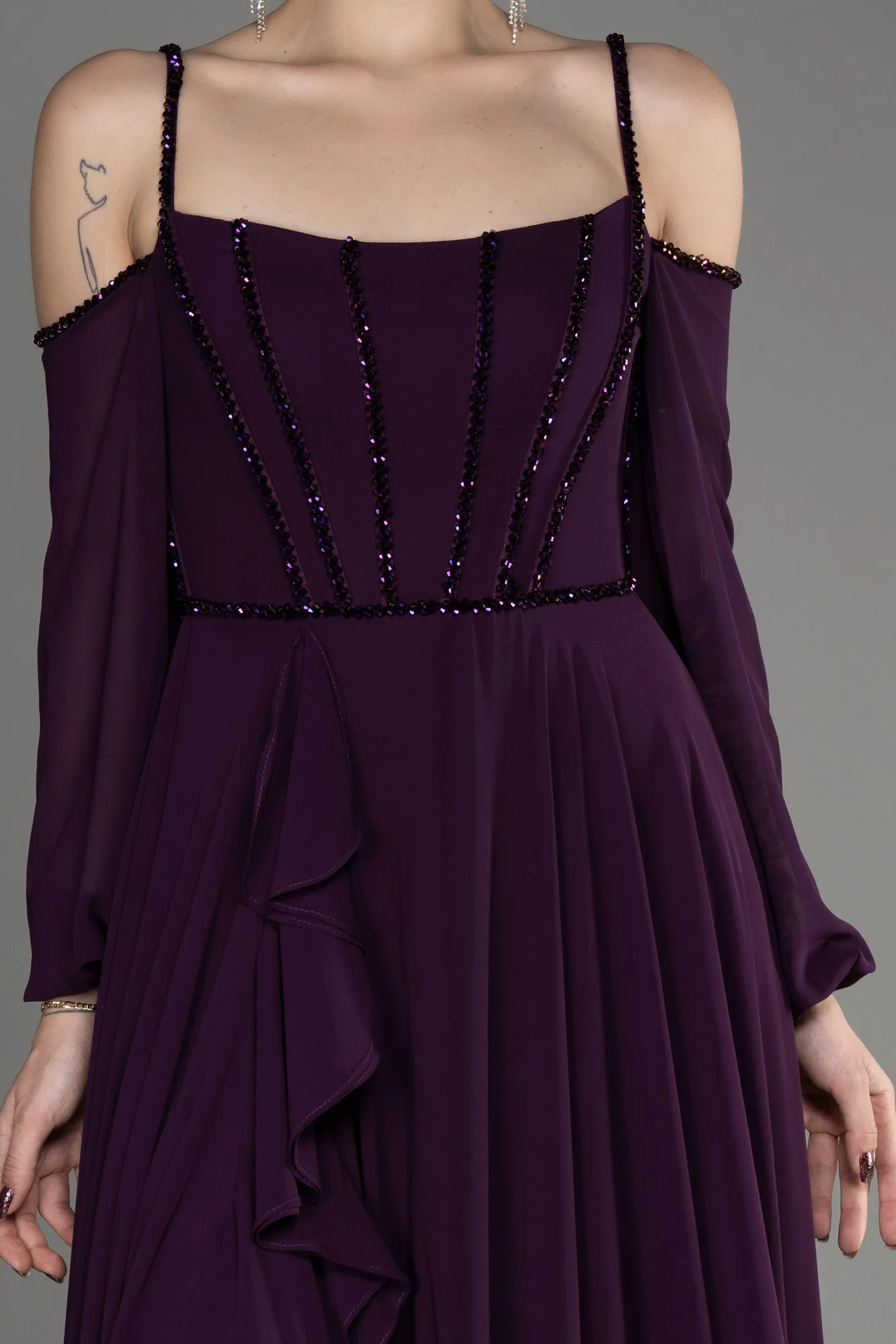 Purple-Long Chiffon Slit Evening Dress ABU3914