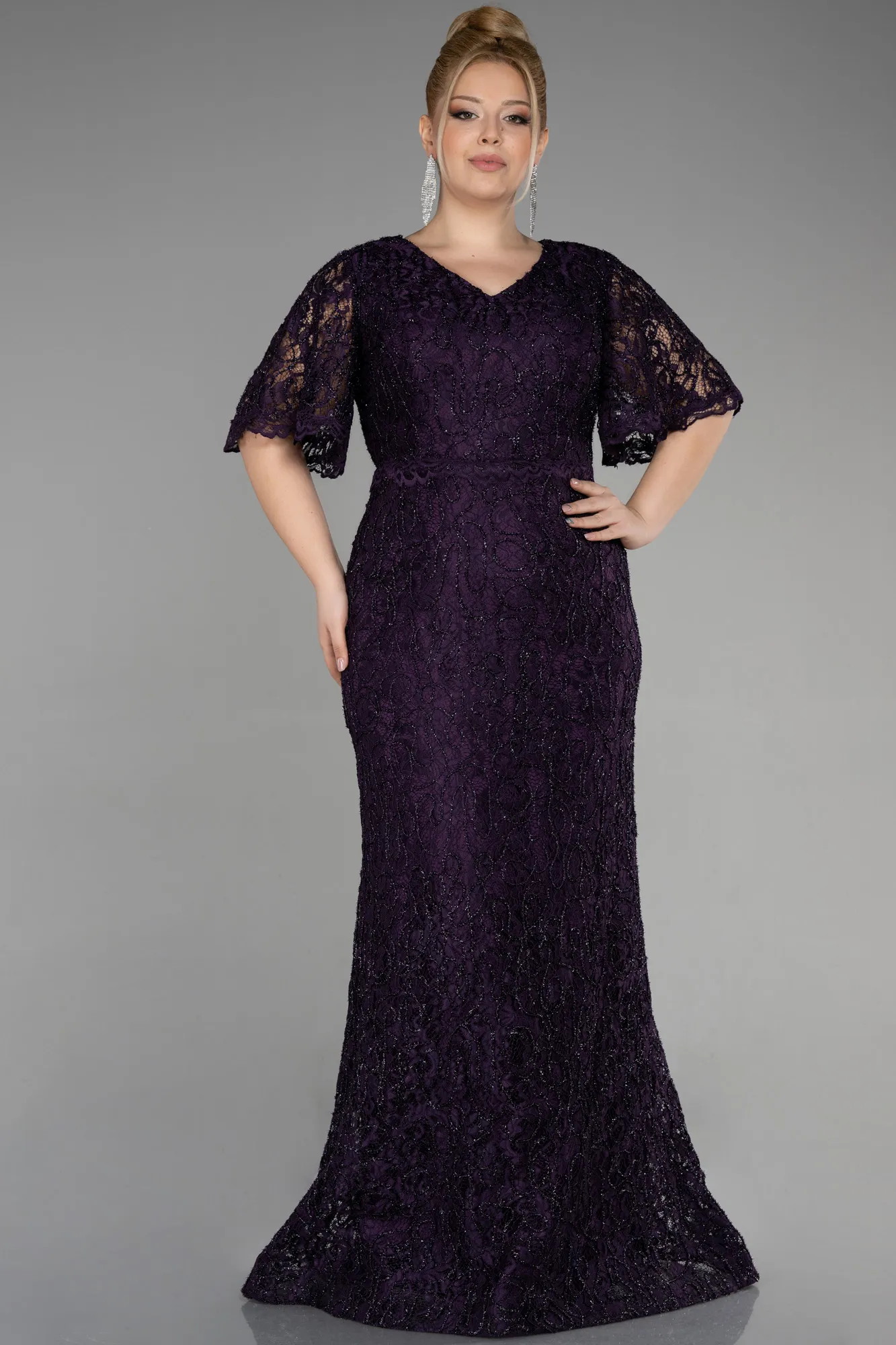 Purple-Long Laced Plus Size Engagement Dress ABU3614