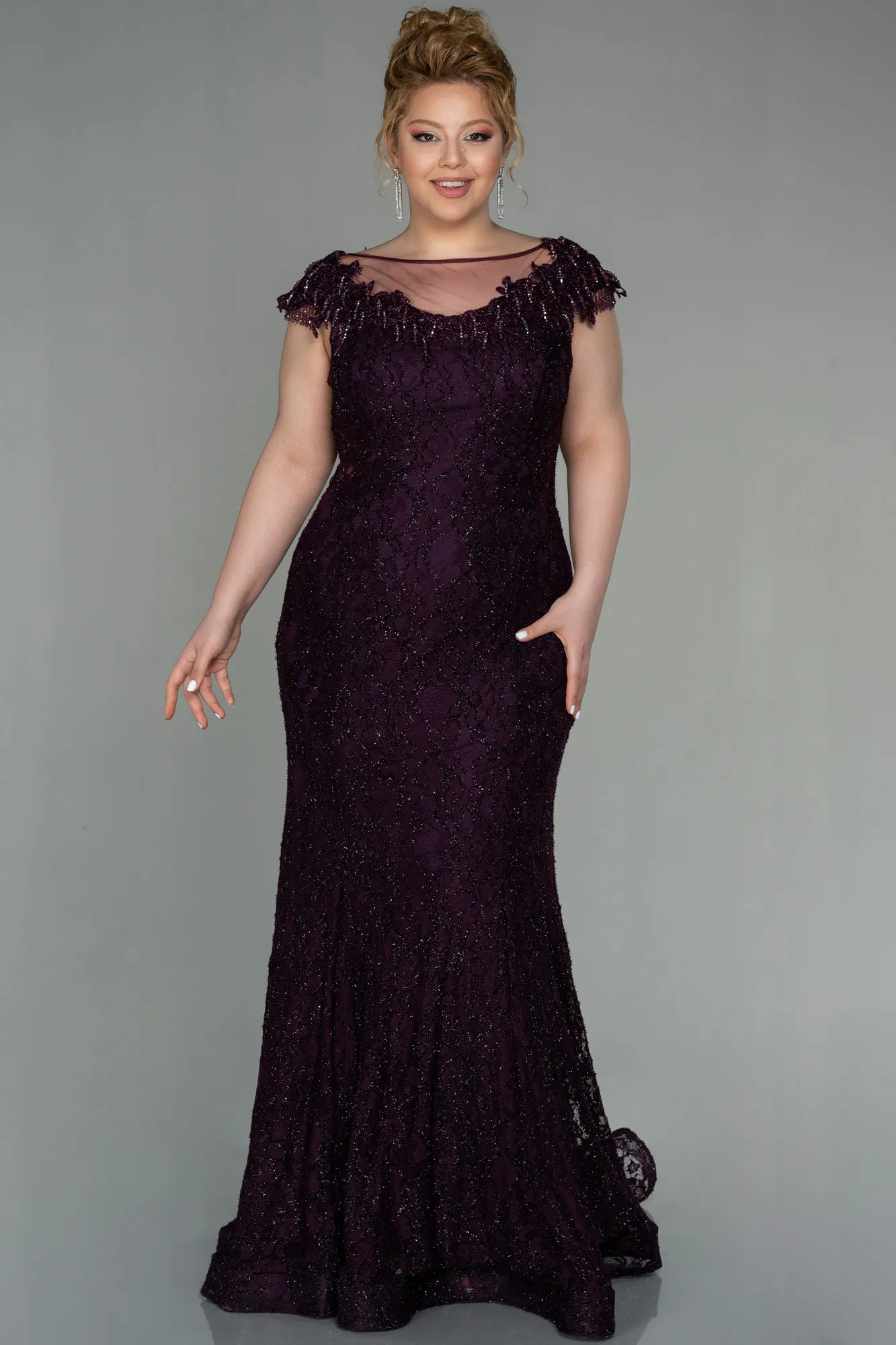 Purple-Long Laced Plus Size Evening Dress ABU2650