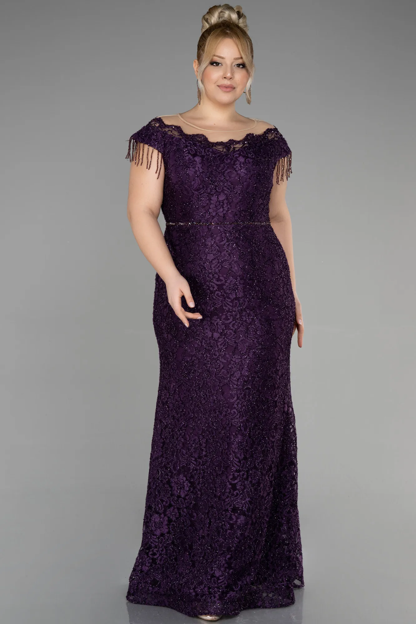Purple-Long Laced Plus Size Evening Dress ABU3435