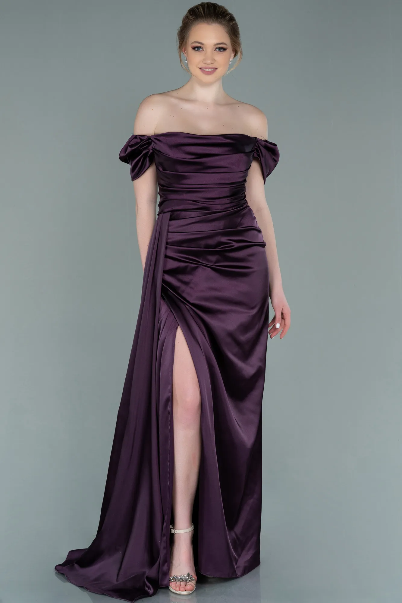 Purple-Long Satin Engagement Dress ABU1606