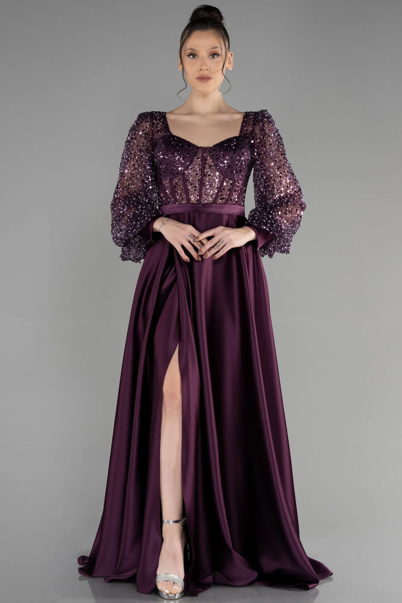 Purple-Long Satin Evening Dress ABU3513
