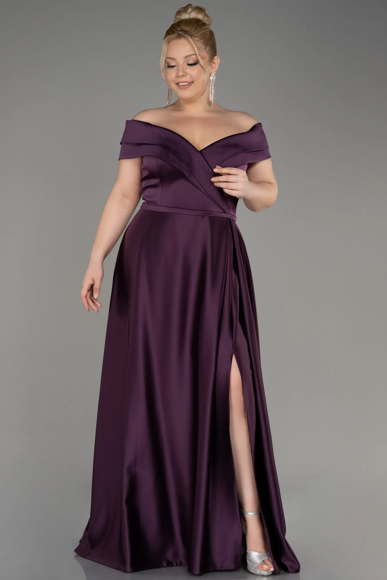 Purple-Long Satin Plus Size Evening Dress ABU2355