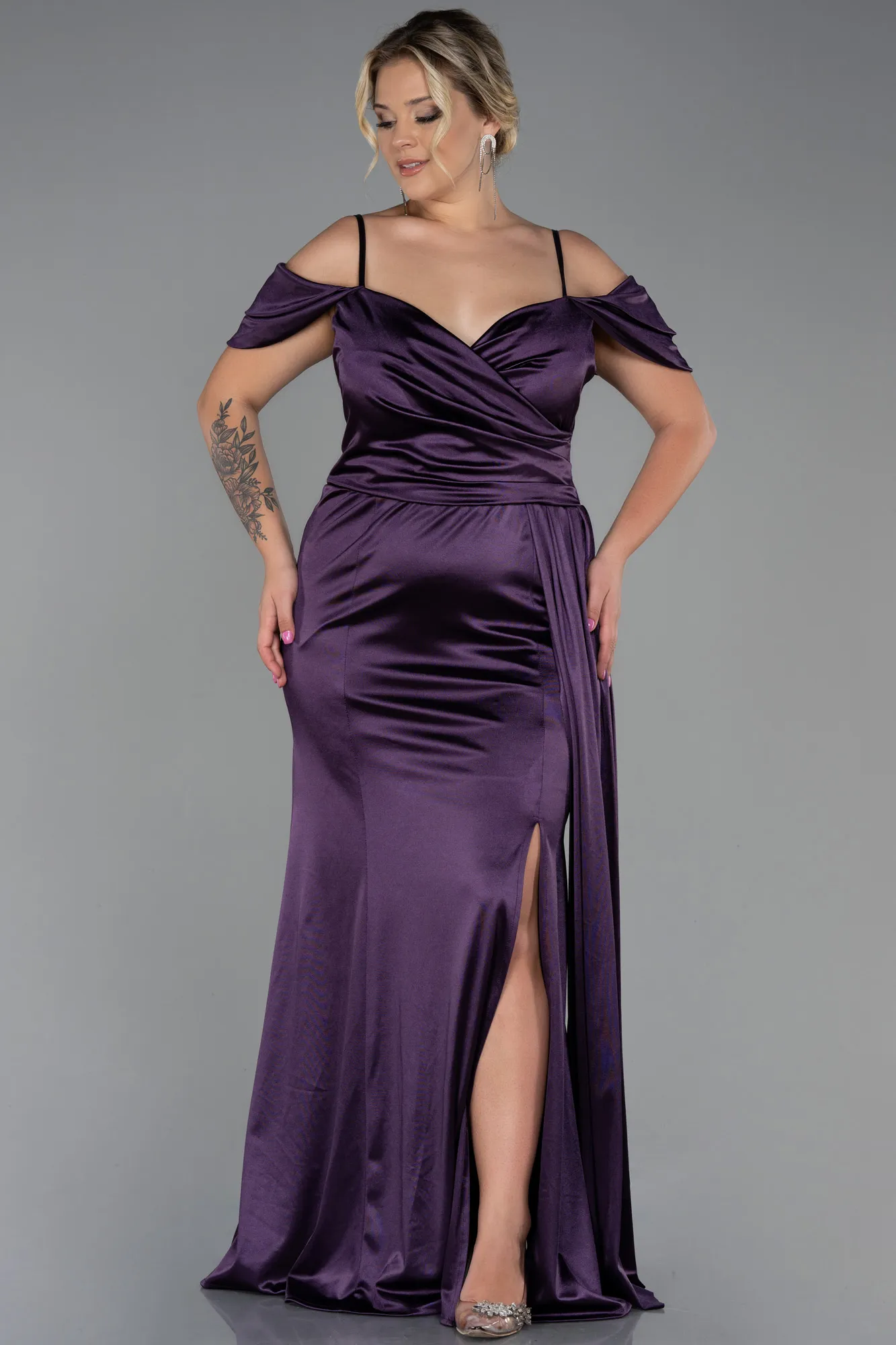 Purple-Long Satin Plus Size Evening Dress ABU2855