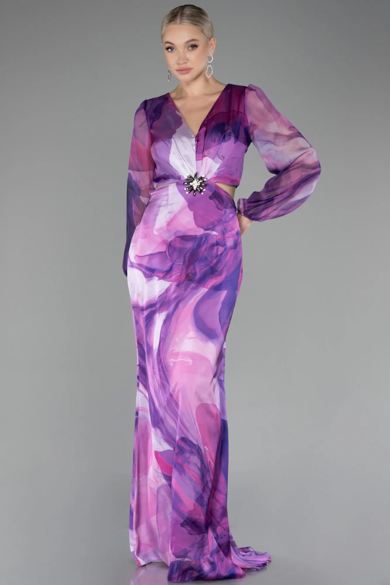 Purple-Long Sleeve Cut Out Patterned Satin Evening Dress ABU4067