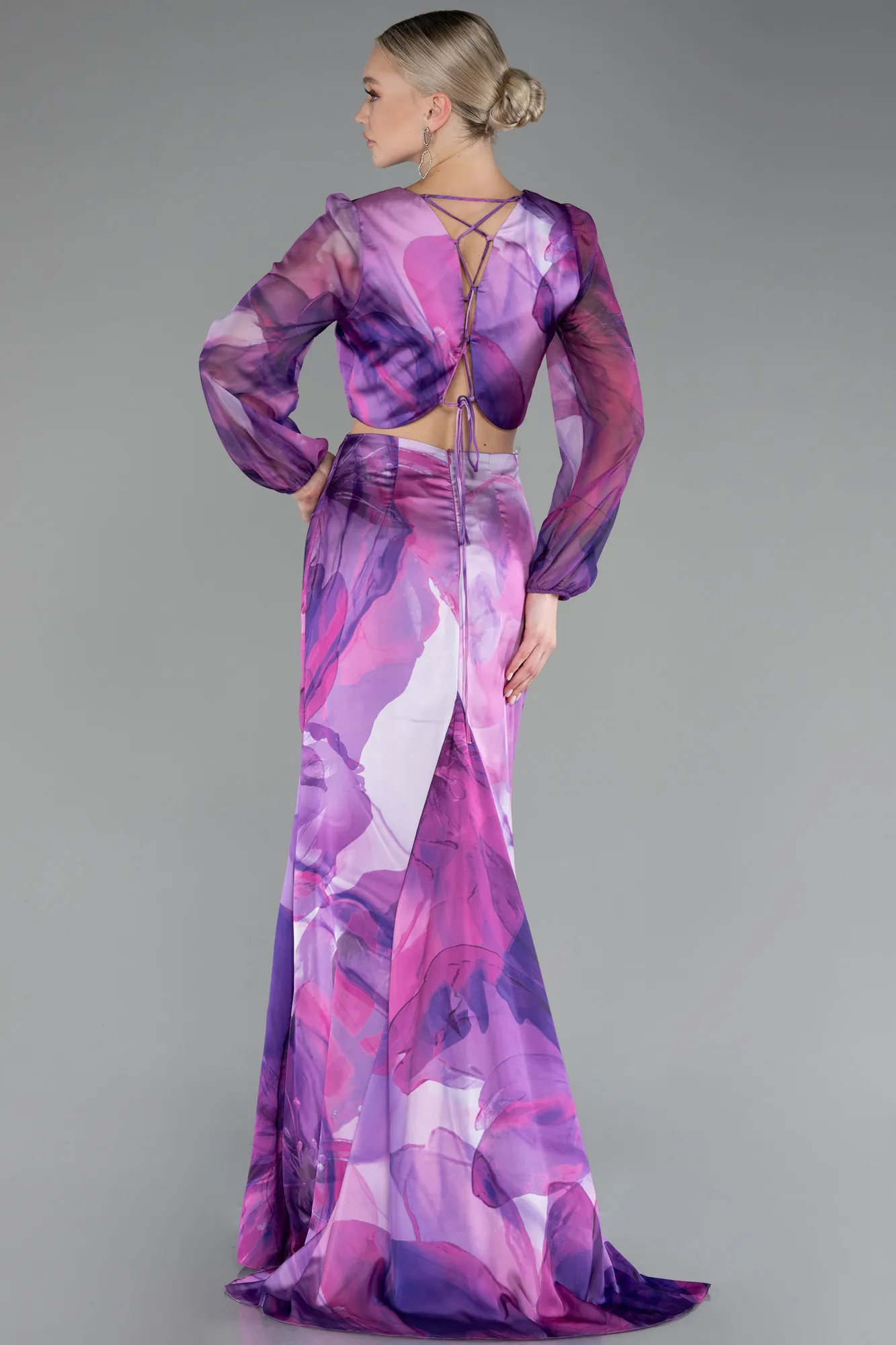 Purple-Long Sleeve Cut Out Patterned Satin Evening Dress ABU4067