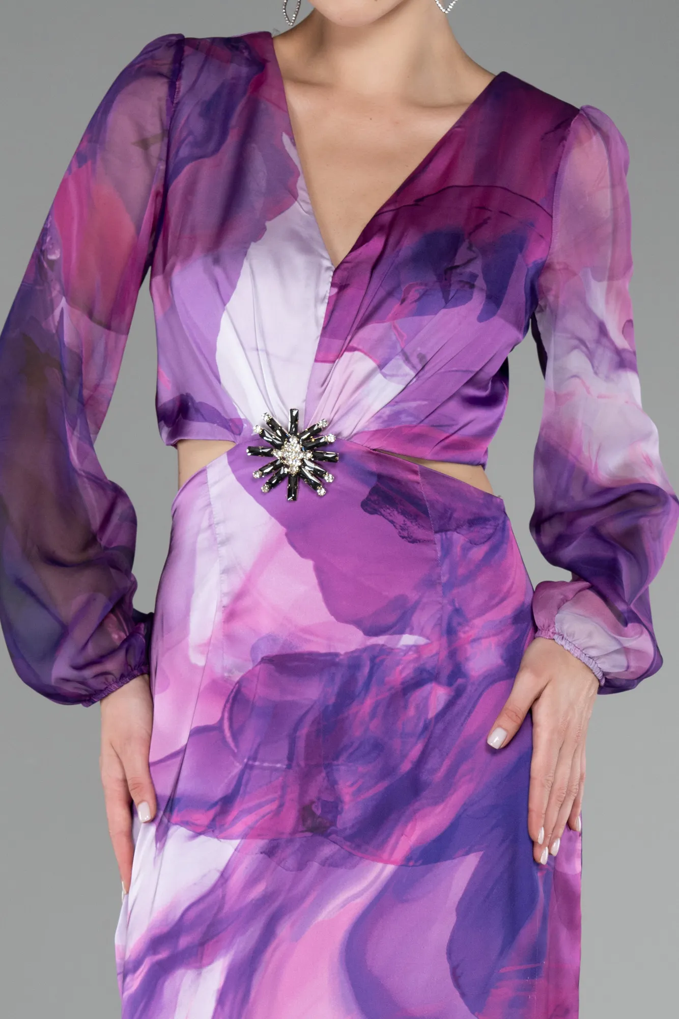 Purple-Long Sleeve Cut Out Patterned Satin Evening Dress ABU4067