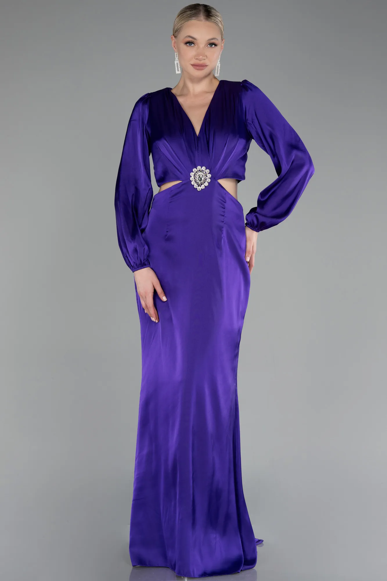 Purple-Long Sleeve Cut Out Satin Evening Dress ABU4177