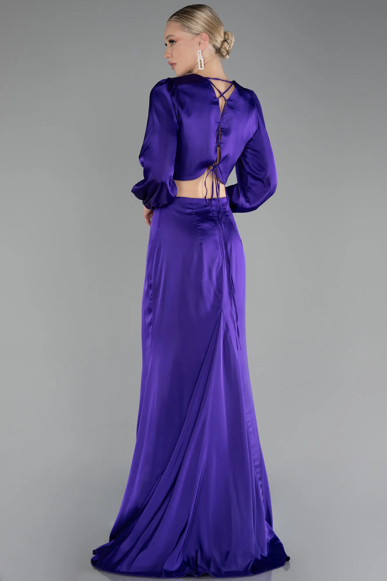 Purple-Long Sleeve Cut Out Satin Evening Dress ABU4177