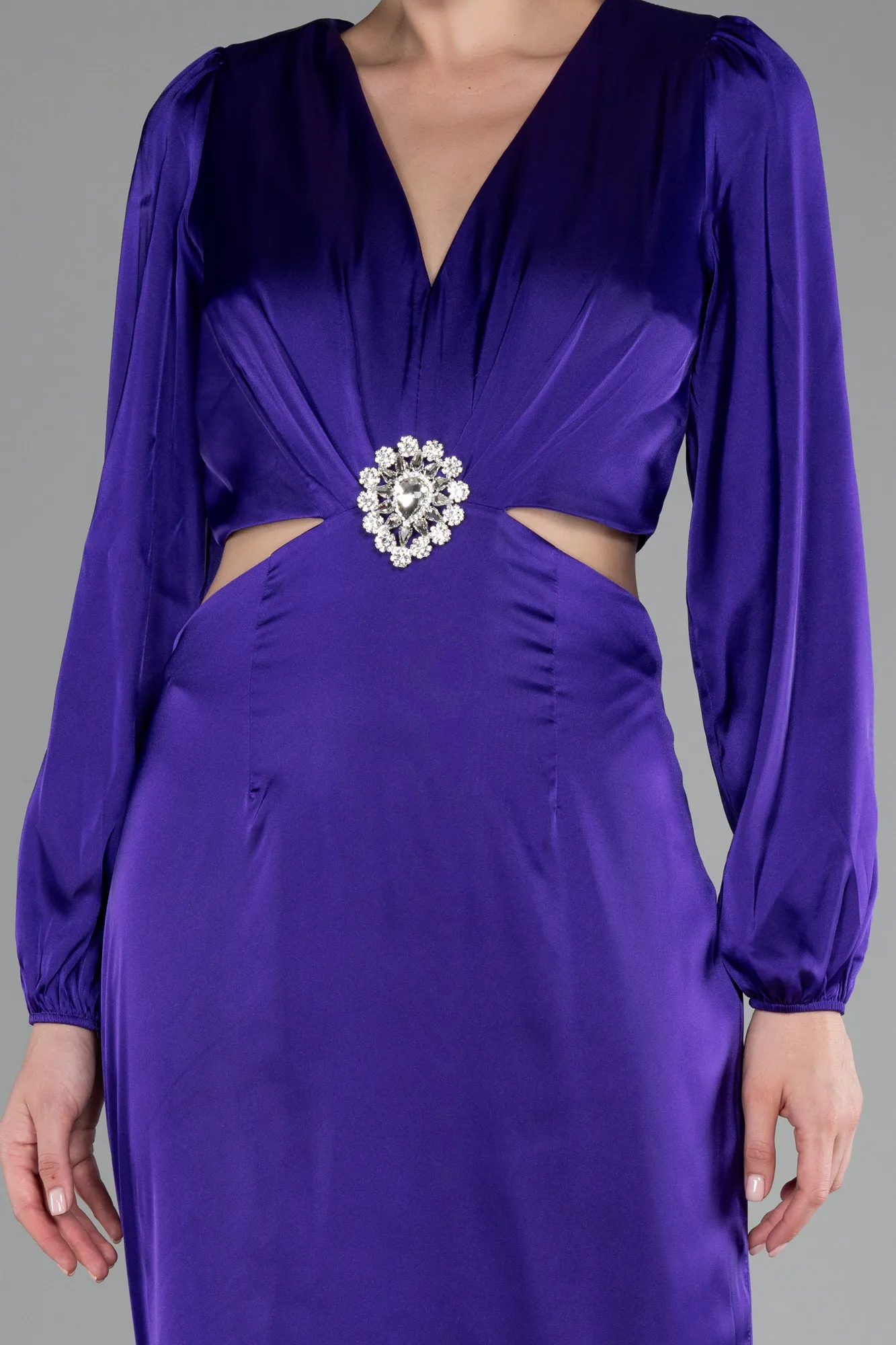 Purple-Long Sleeve Cut Out Satin Evening Dress ABU4177