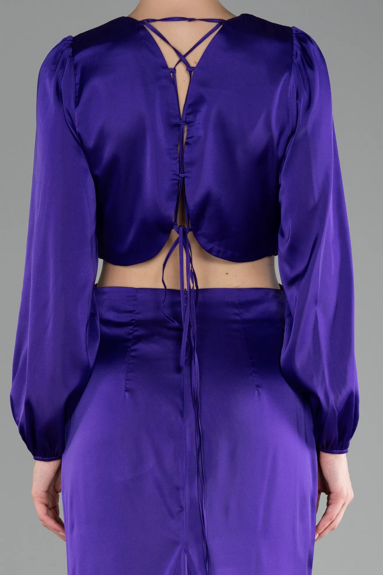 Purple-Long Sleeve Cut Out Satin Evening Dress ABU4177