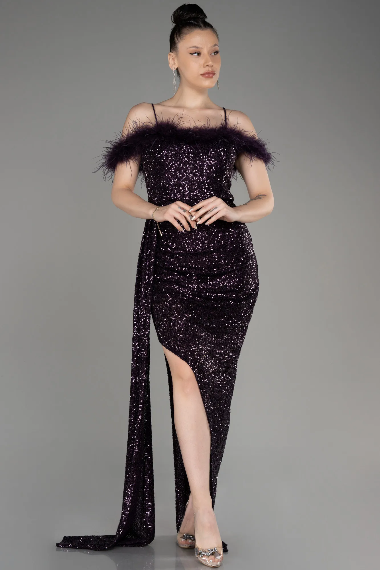 Purple-Long Slit Scaly Evening Dress ABU3901