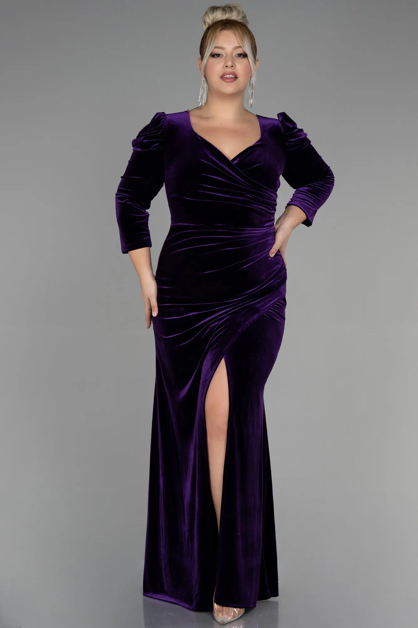 Purple-Long Velvet Plus Size Evening Dress ABU2697