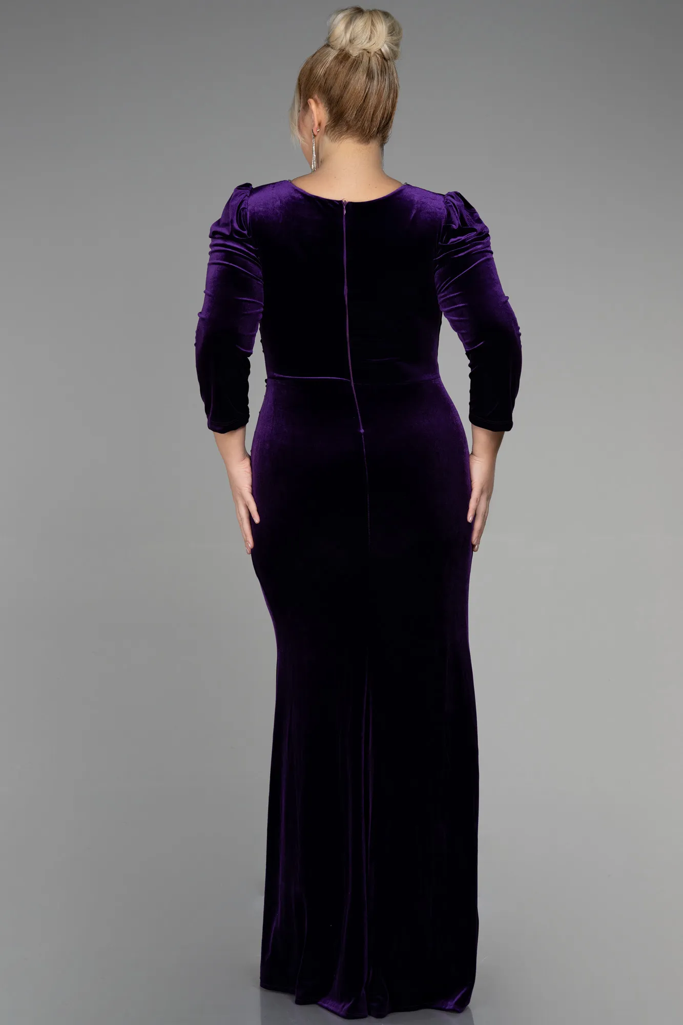 Purple-Long Velvet Plus Size Evening Dress ABU2697
