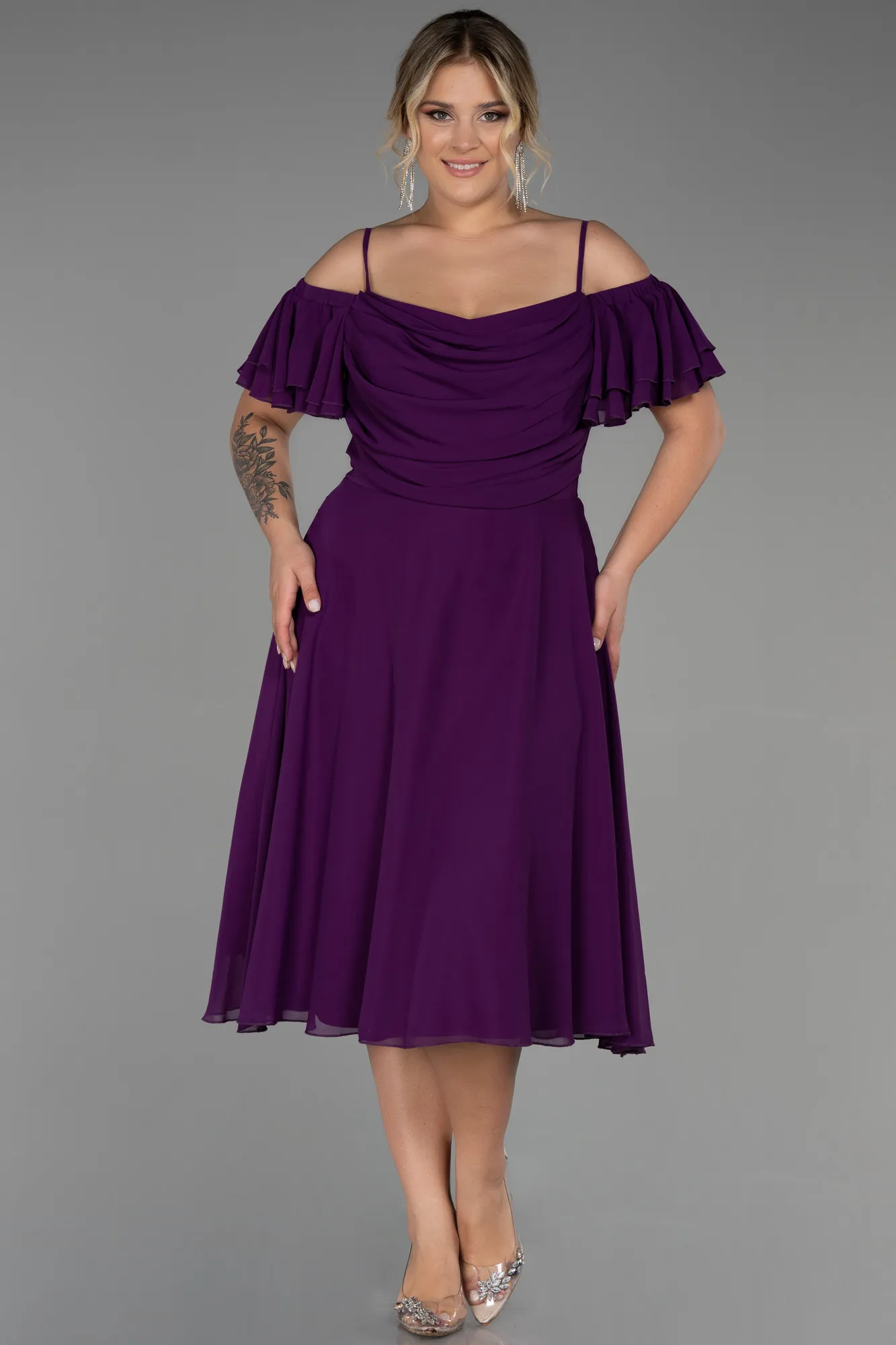 Purple-Midi Chiffon Plus Size Evening Dress ABK1475