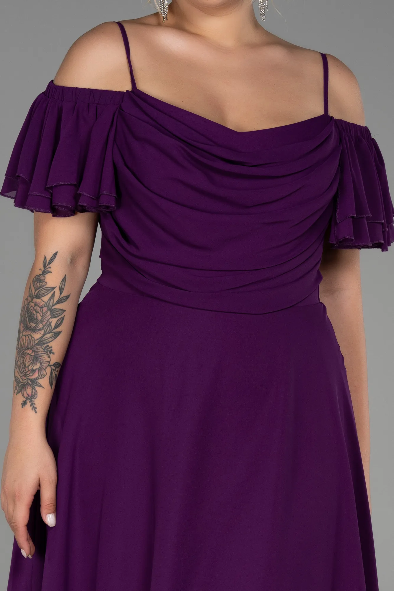 Purple-Midi Chiffon Plus Size Evening Dress ABK1475