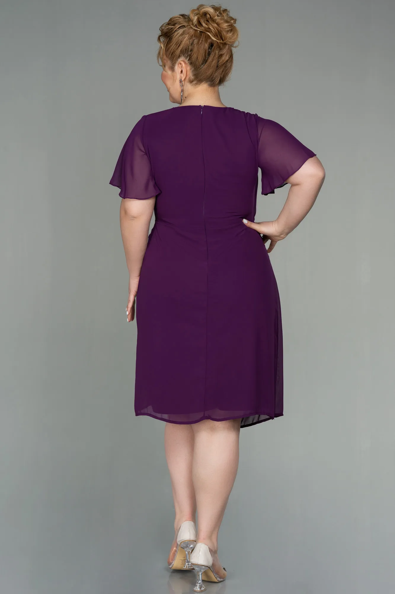 Purple-Midi Chiffon Plus Size Evening Dress ABK1660
