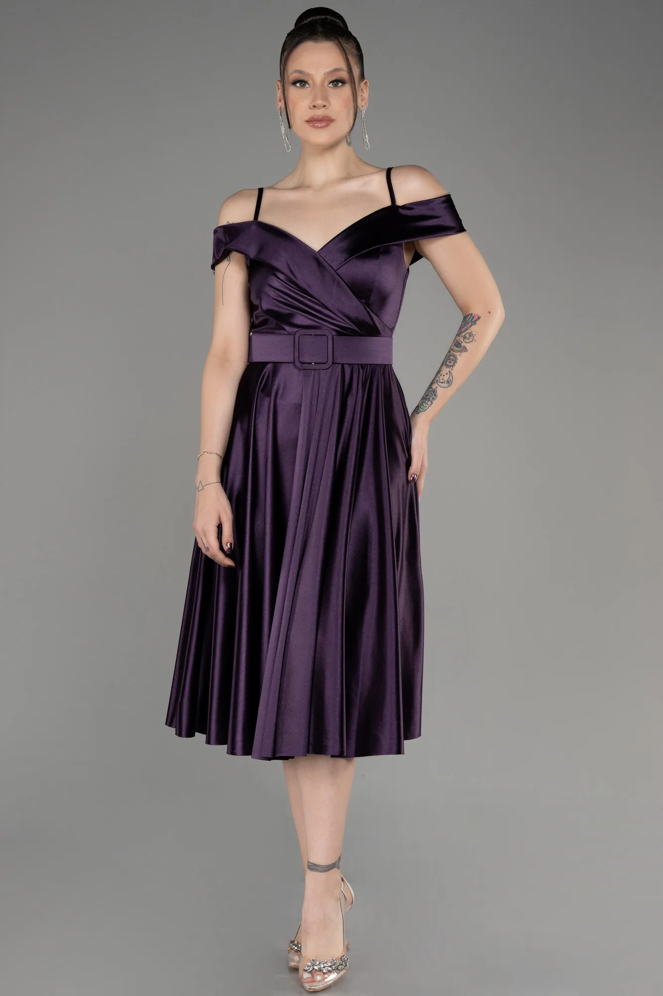 Purple-Midi Cocktail Satin Dress ABK2080