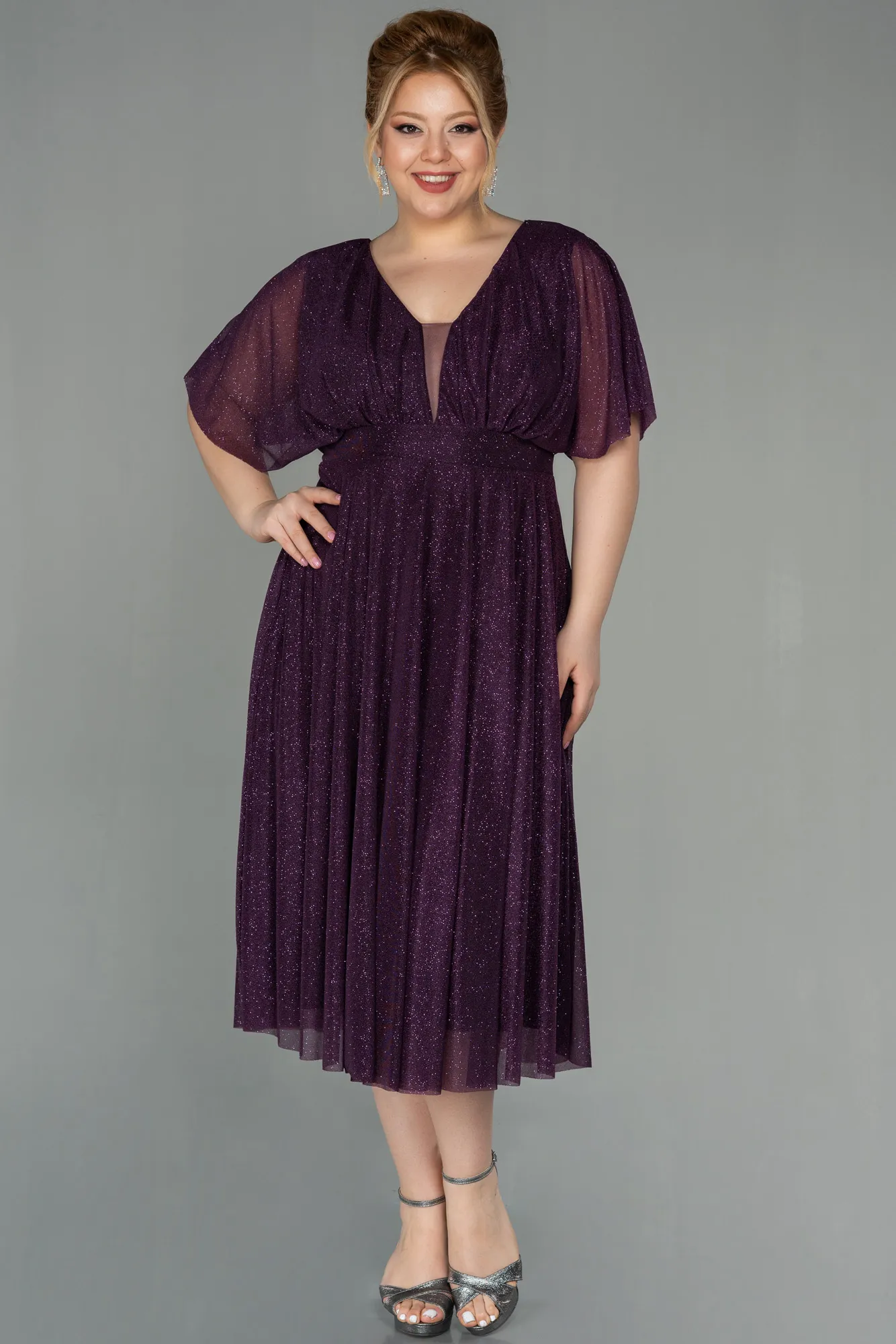 Purple-Midi Plus Size Evening Dress ABK1253