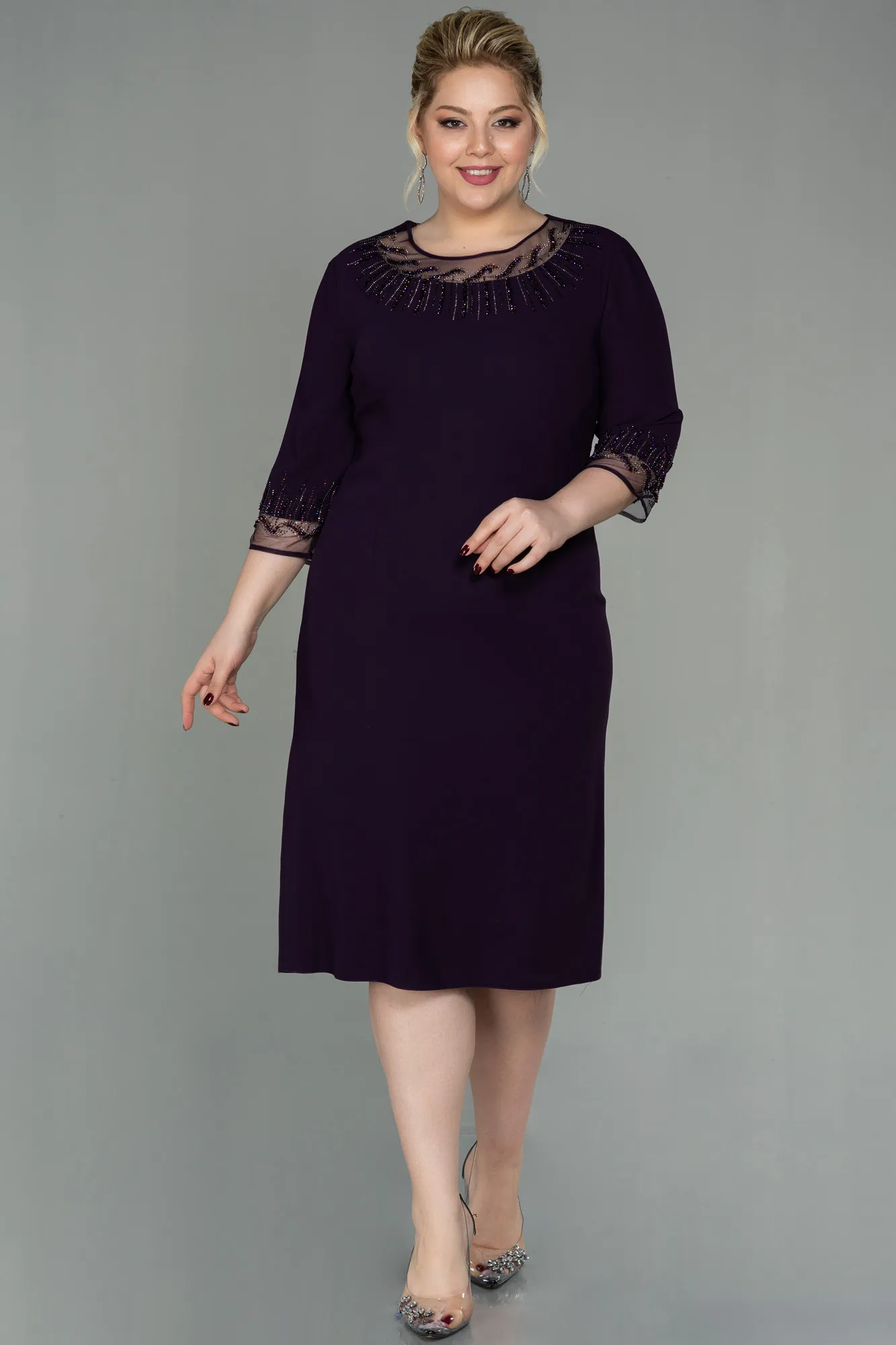 Purple-Midi Plus Size Evening Dress ABK1622