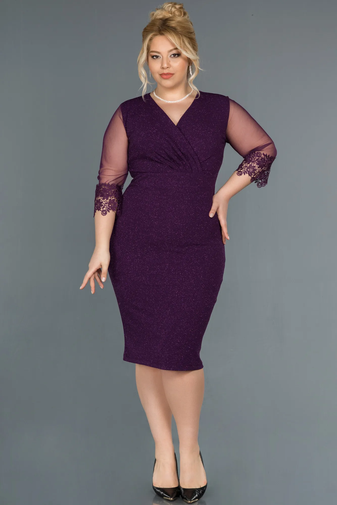 Purple-Midi Plus Size Evening Dress ABK1653