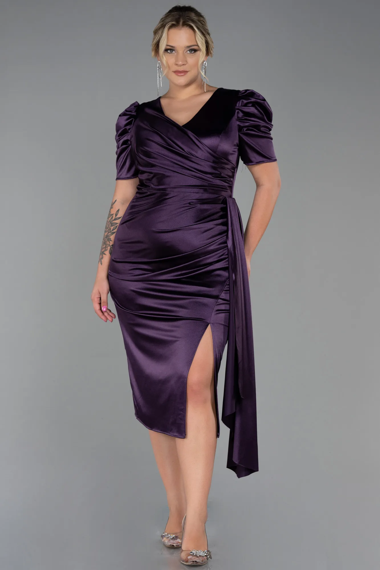 Purple-Midi Plus Size Evening Dress ABK1812