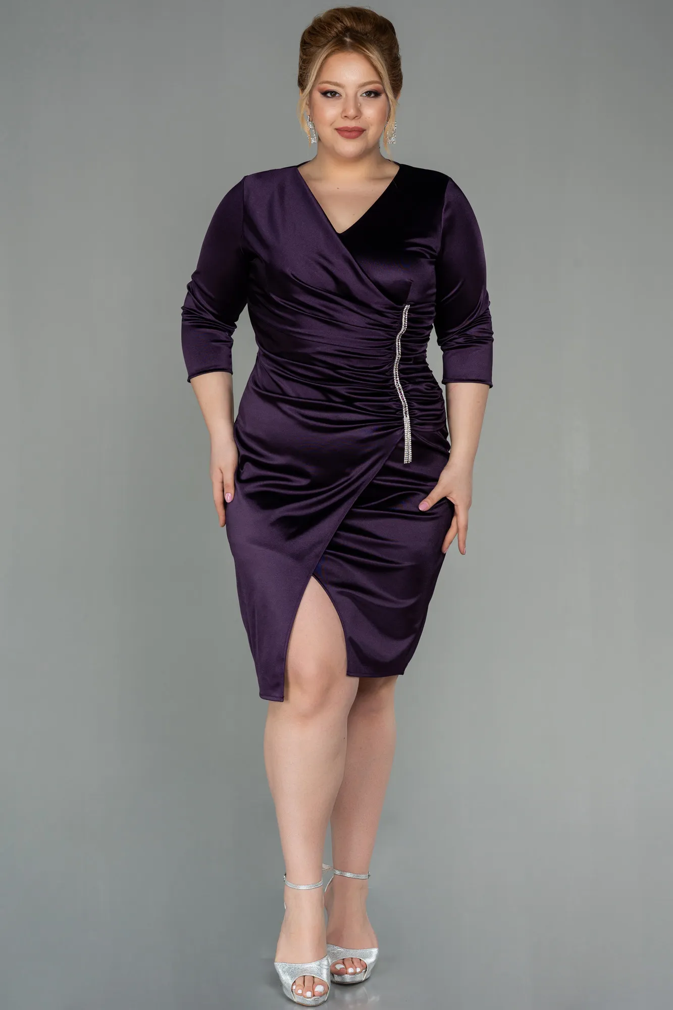 Purple-Midi Satin Evening Dress ABK1592