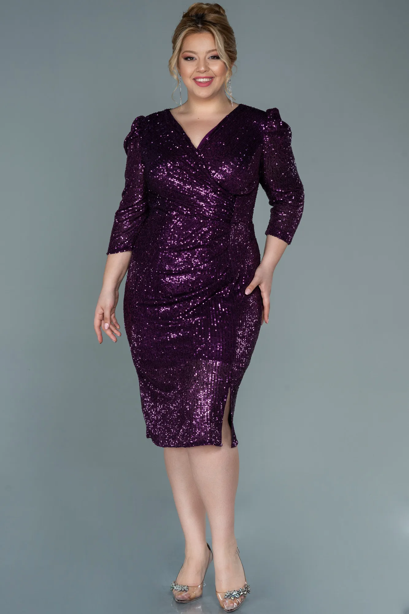 Purple-Midi Scaly Plus Size Evening Dress ABK1525