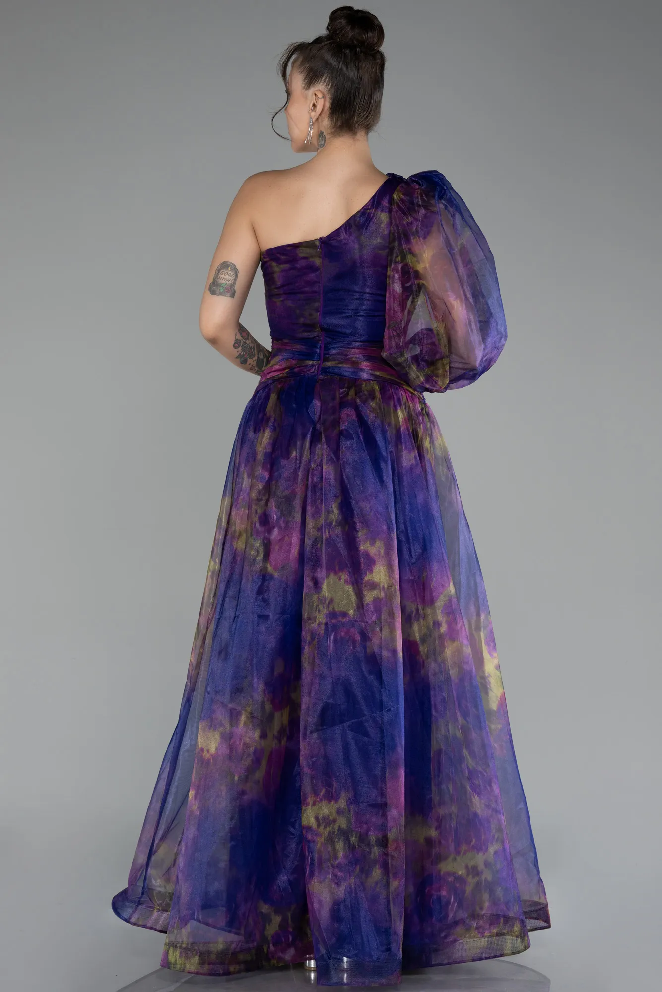 Purple-One Sleeve Slit Long Patterned Prom Gown ABU4206