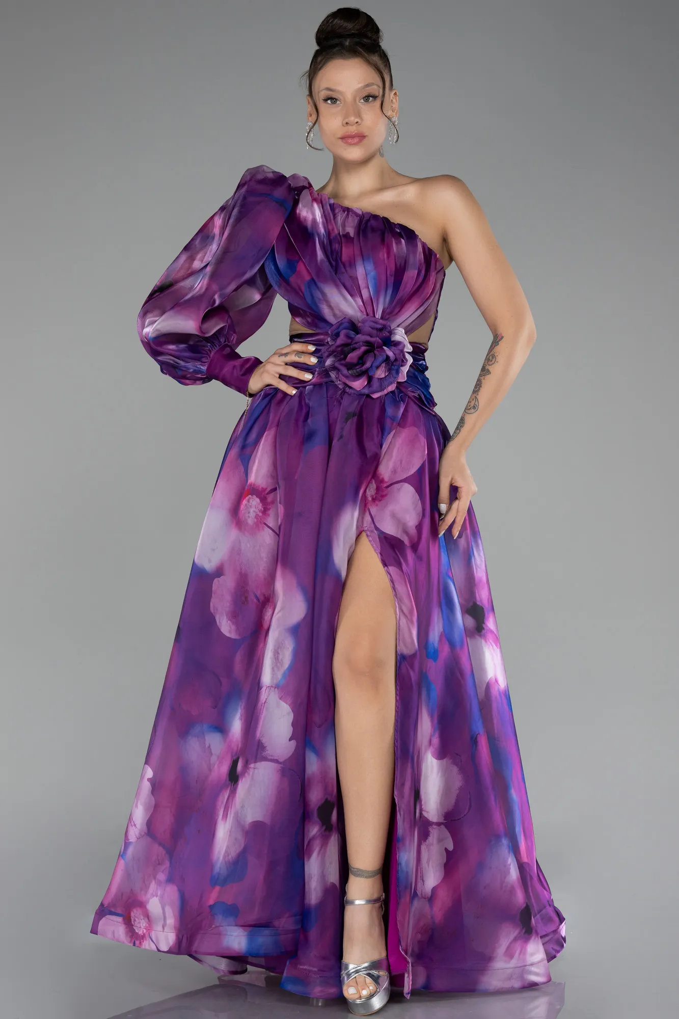 Purple-One Sleeve Slit Long Satin Patterned Prom Gown ABU4208