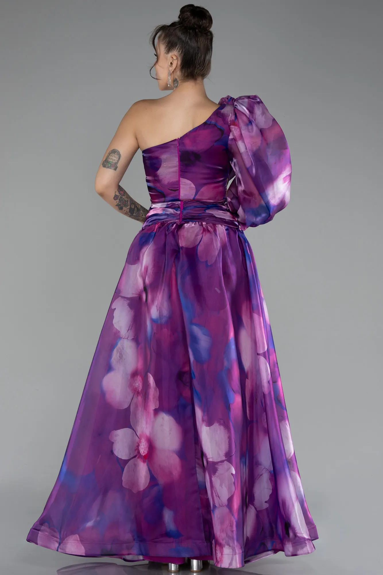 Purple-One Sleeve Slit Long Satin Patterned Prom Gown ABU4208