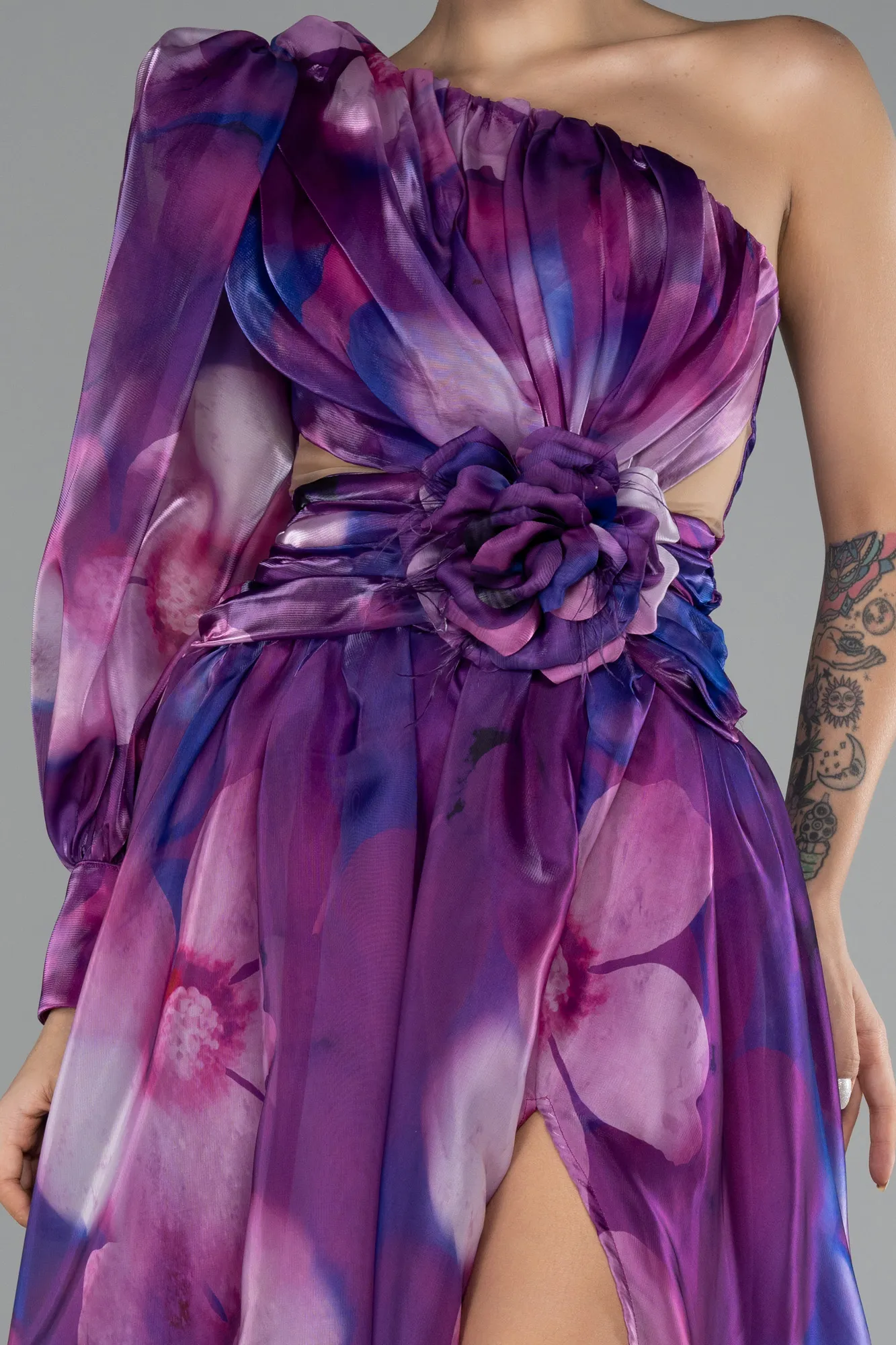 Purple-One Sleeve Slit Long Satin Patterned Prom Gown ABU4208