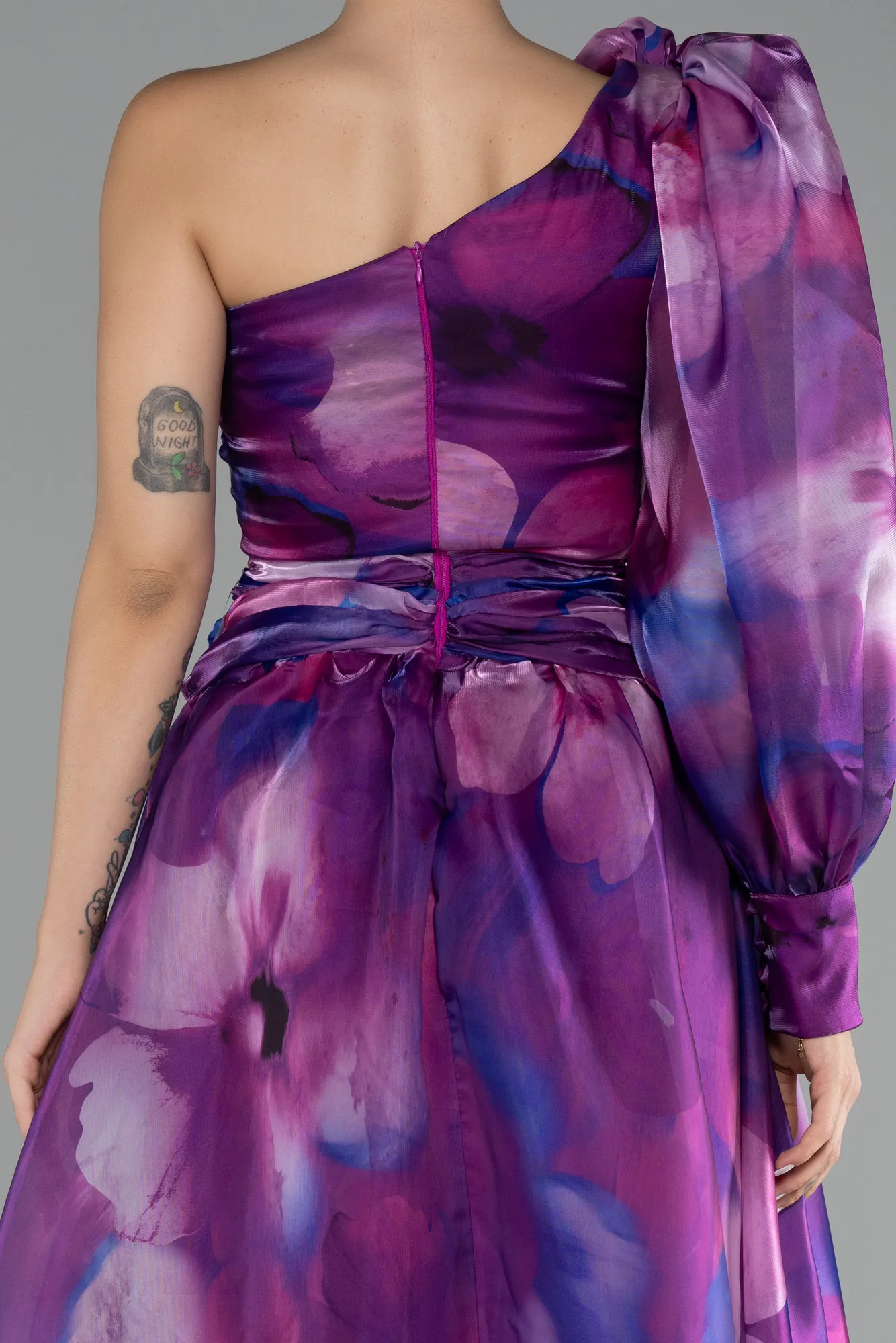 Purple-One Sleeve Slit Long Satin Patterned Prom Gown ABU4208