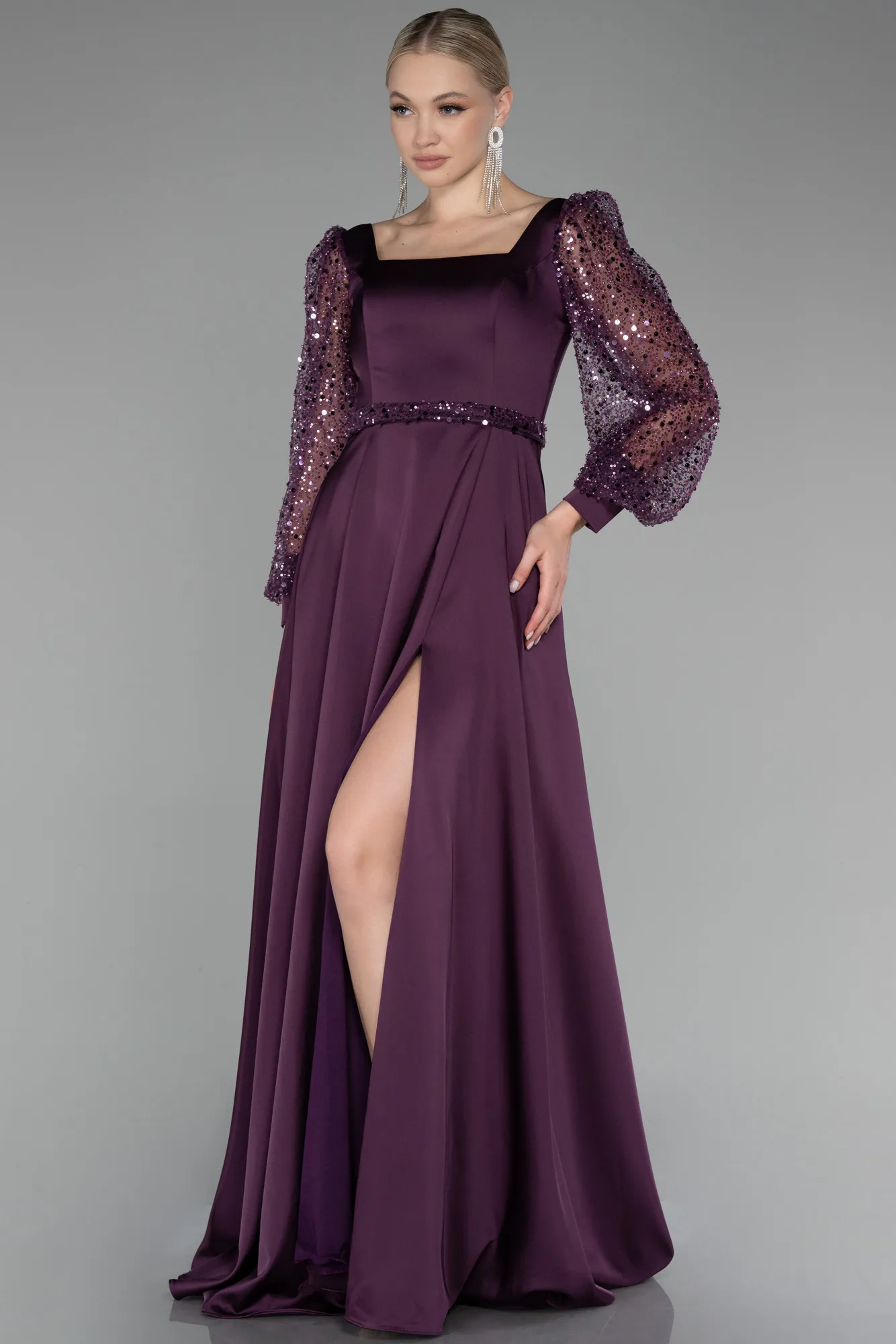 Purple-Sequined Long Sleeve Slit Satin Evening Dress ABU4121