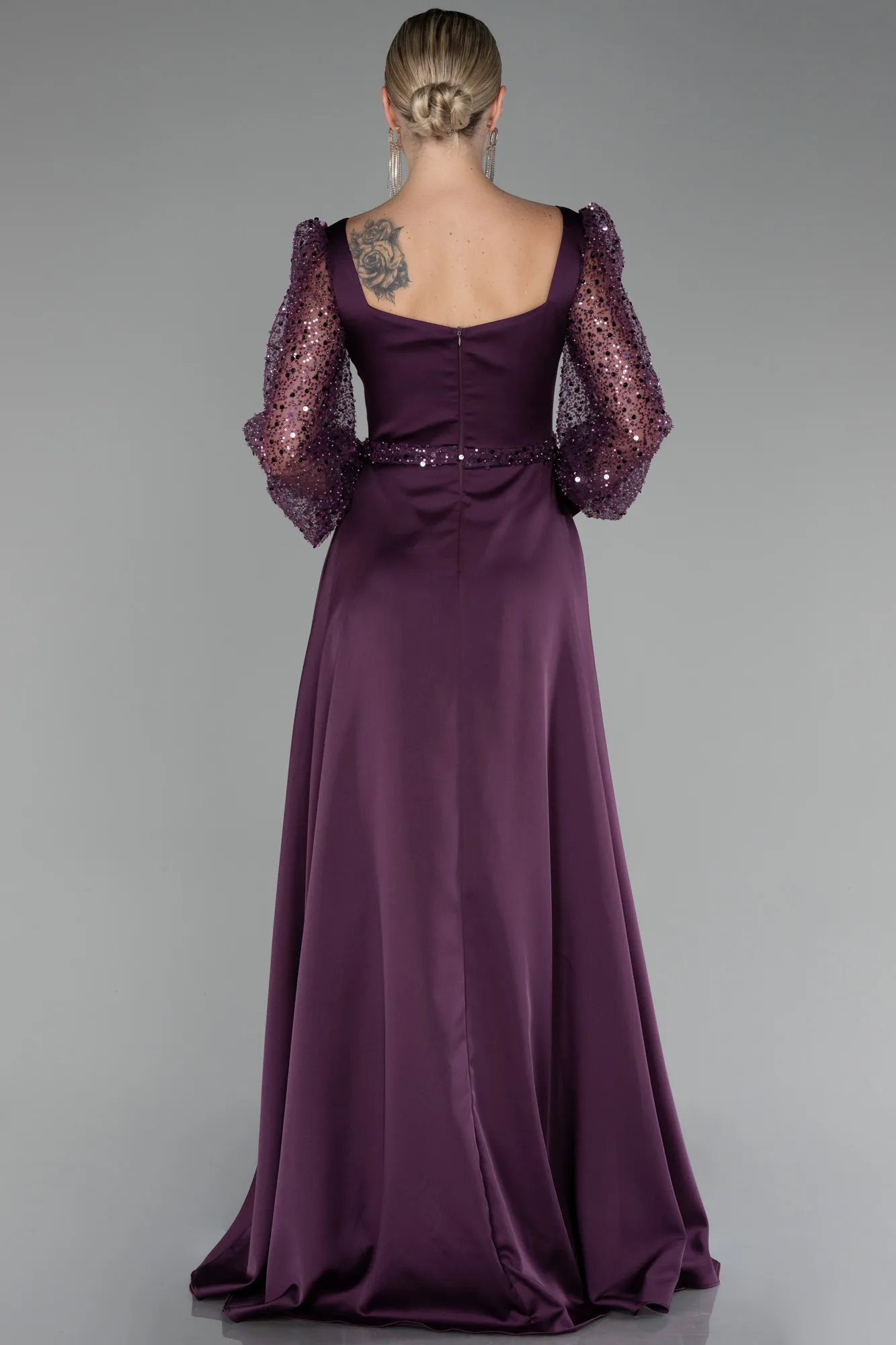 Purple-Sequined Long Sleeve Slit Satin Evening Dress ABU4121