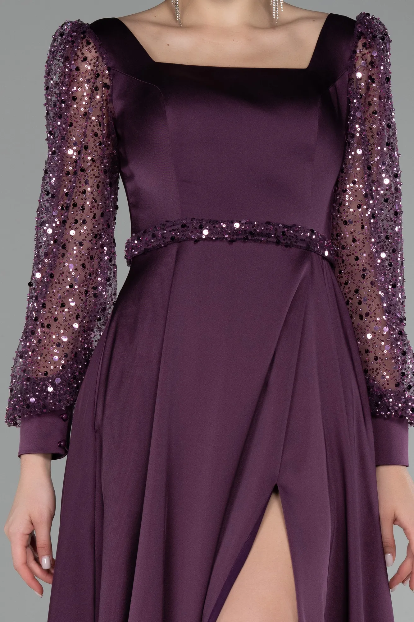 Purple-Sequined Long Sleeve Slit Satin Evening Dress ABU4121