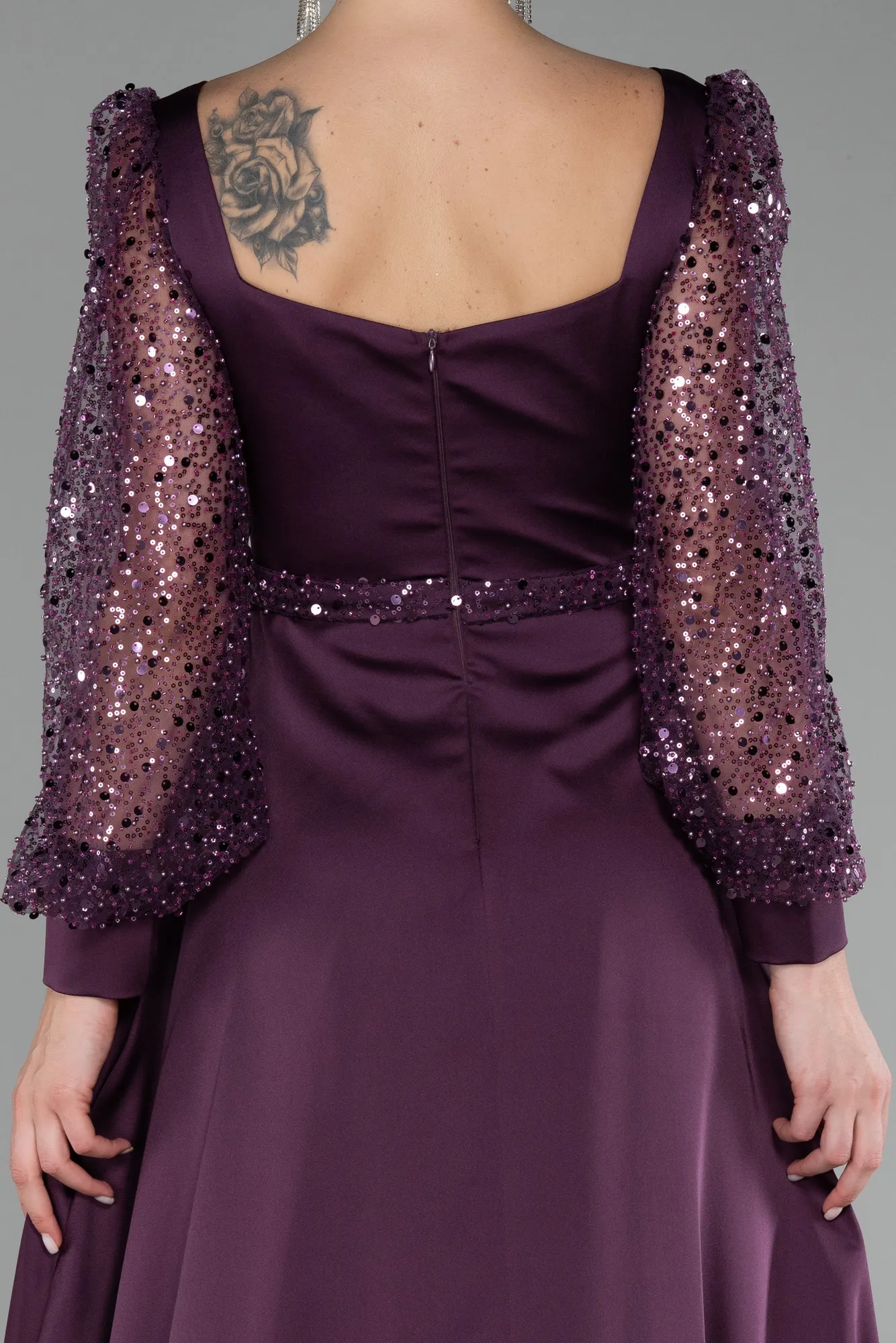 Purple-Sequined Long Sleeve Slit Satin Evening Dress ABU4121