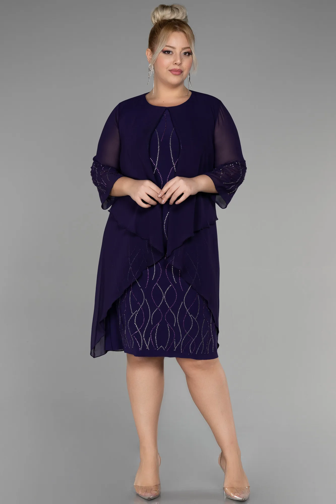 Purple-Short Chiffon Plus Size Evening Dress ABK1290